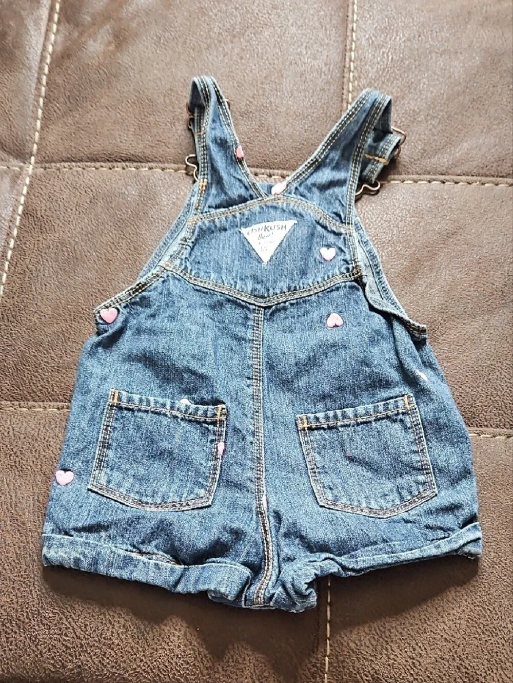OshKosh B'gosh Blue Denim Shortall with Pink Hearts 12 Months